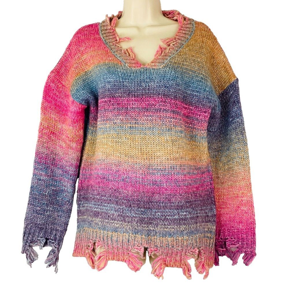 Sabrina Lauren Distressed rainbow sweater, oversized knit torn look top 3X